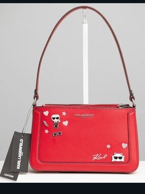 Karl Lagerfeld Red Leather Shoulder Bag with Character Charms